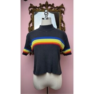 Vintage 90’s Xhilaration Black Rainbow Ribbed Mock Neck Crop Shirt Top Large